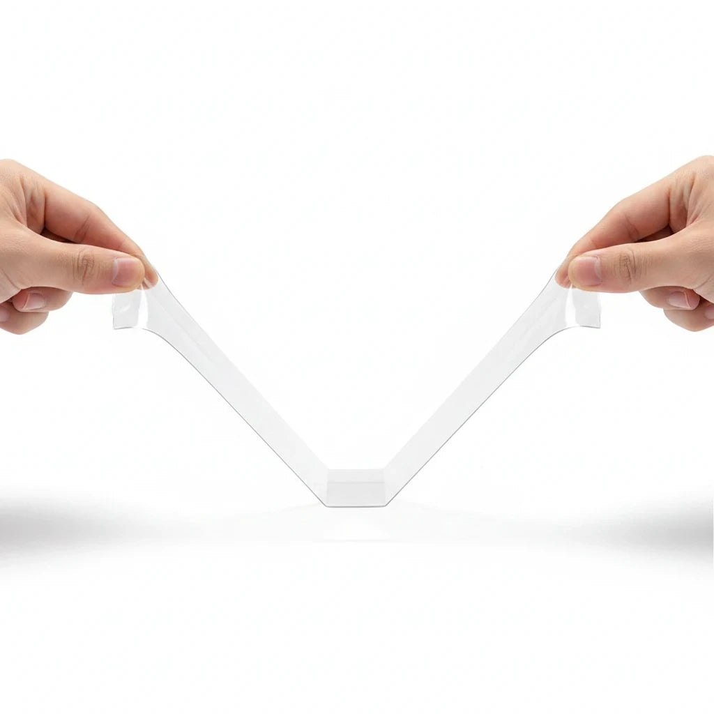 EVEREASE heavy duty double sided mounting tape being stretched by two hands to demonstrate its strong adhesive quality
