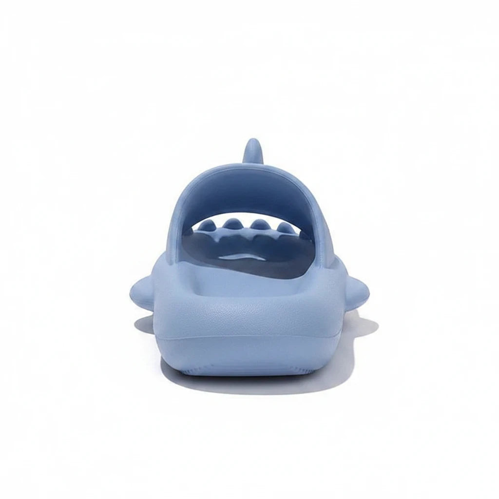 EVEREASE light blue shark-shaped open toe slide sandals with a playful character design for indoor and outdoor wear.