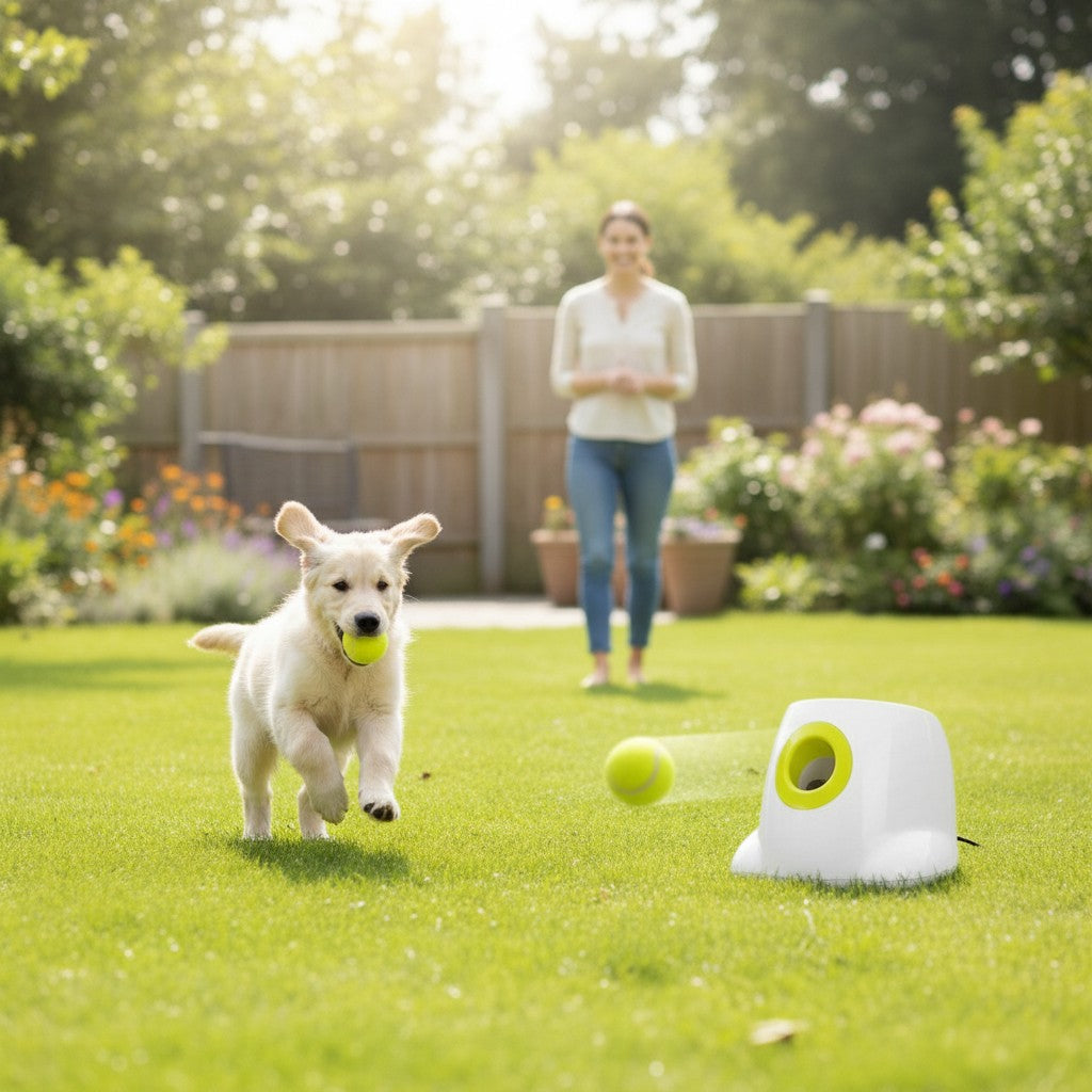 EVEREASE automatic tennis ball launcher toy on a green lawn with a golden retriever puppy playing in the background