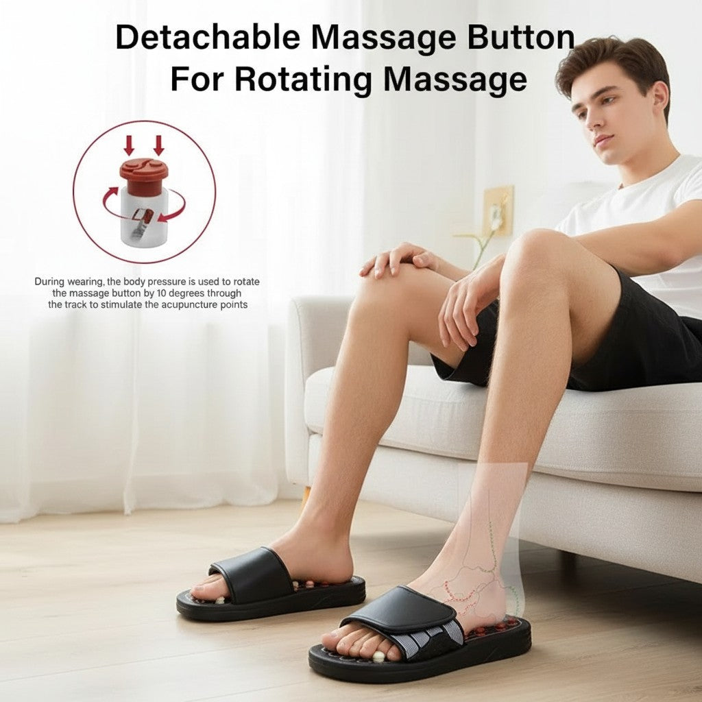 EVEREASE acupressure slippers with adjustable velcro straps and rotating massage buttons on a man sitting on a sofa