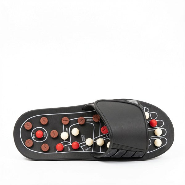 EVEREASE black acupressure slippers with adjustable velcro strap and multi-colored massage nodes for foot reflexology