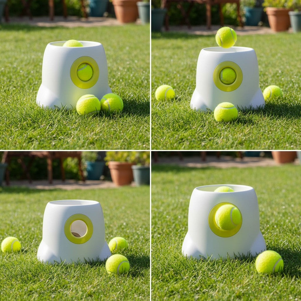 EVEREASE automatic dog tennis ball launcher in white and lime green, sitting on a green lawn with yellow balls.