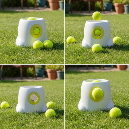 EVEREASE automatic dog tennis ball launcher in white and lime green, sitting on a green lawn with yellow balls.