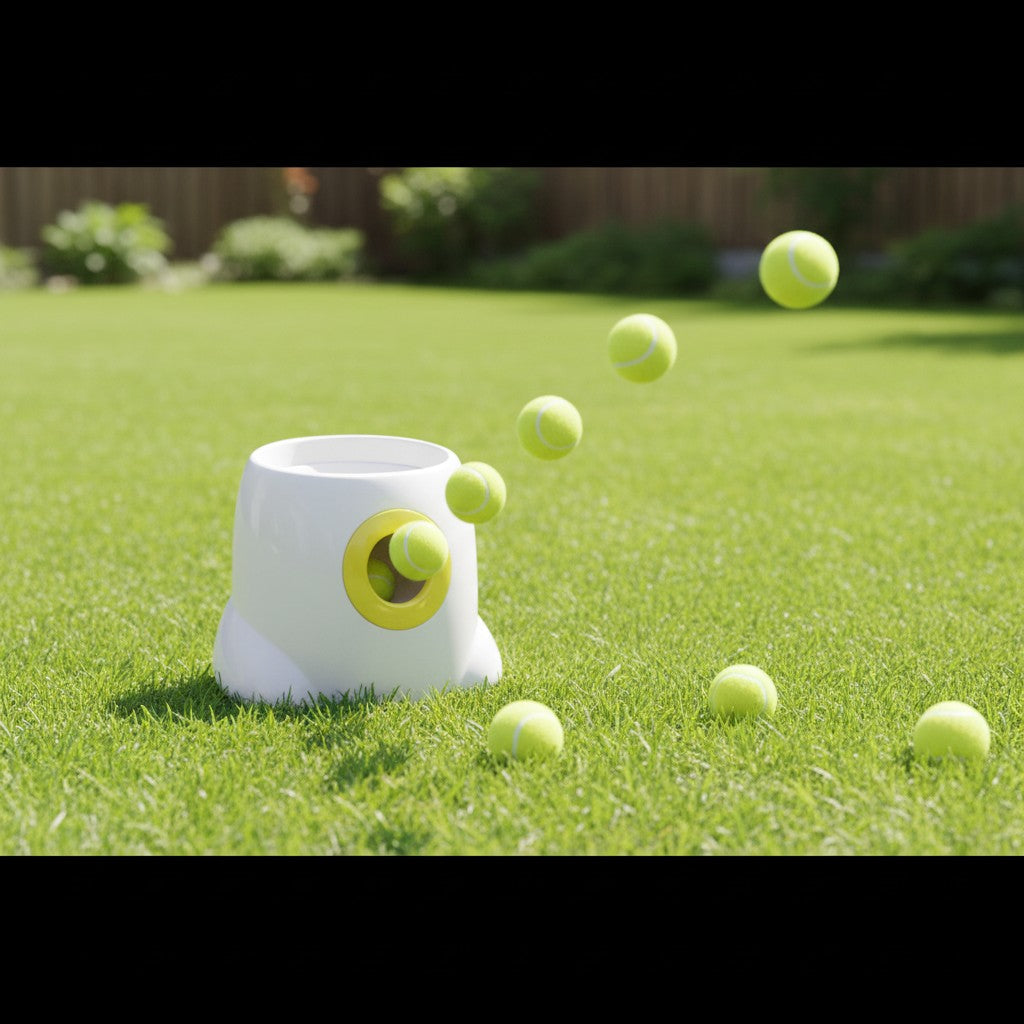 EVEREASE automatic pet tennis ball launcher in white and lime green on a grassy lawn with balls in mid-air