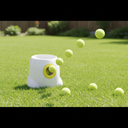 EVEREASE automatic pet tennis ball launcher in white and lime green on a grassy lawn with balls in mid-air