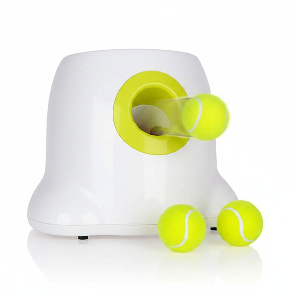 EVEREASE automatic pet tennis ball launcher in white and lime green with two yellow tennis balls
