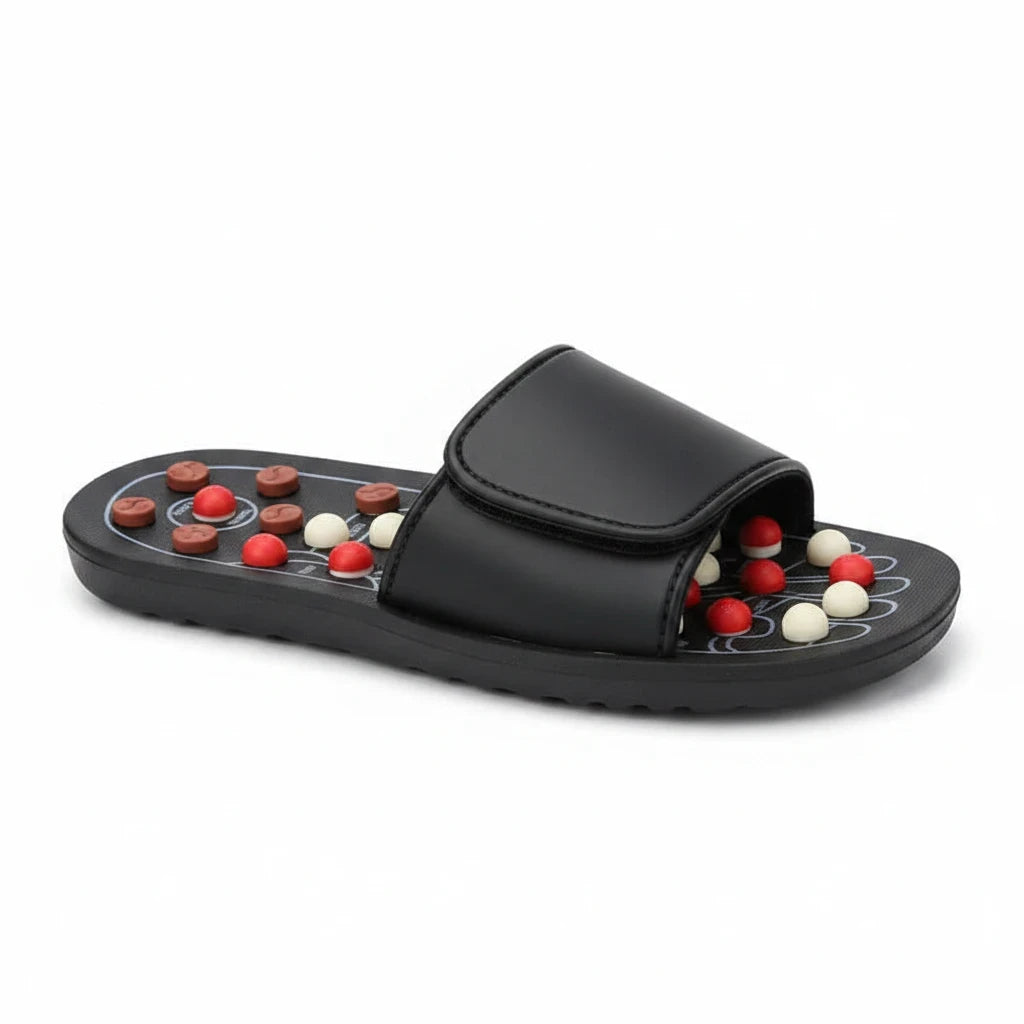 EVEREASE black acupressure slippers with adjustable velcro strap and multi-colored massage nodes for foot relaxation