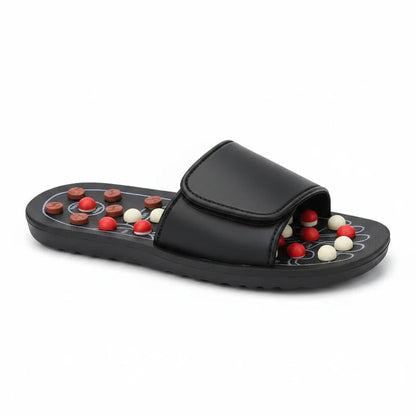 EVEREASE black acupressure slippers with adjustable velcro strap and multi-colored massage nodes for foot relaxation