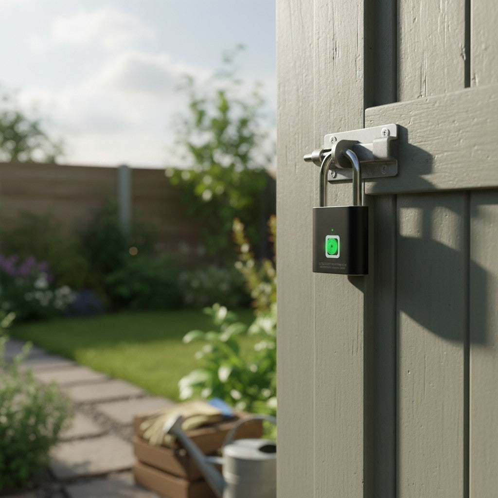 EVEREASE black biometric fingerprint padlock secured on a wooden garden gate with a glowing green scanner light
