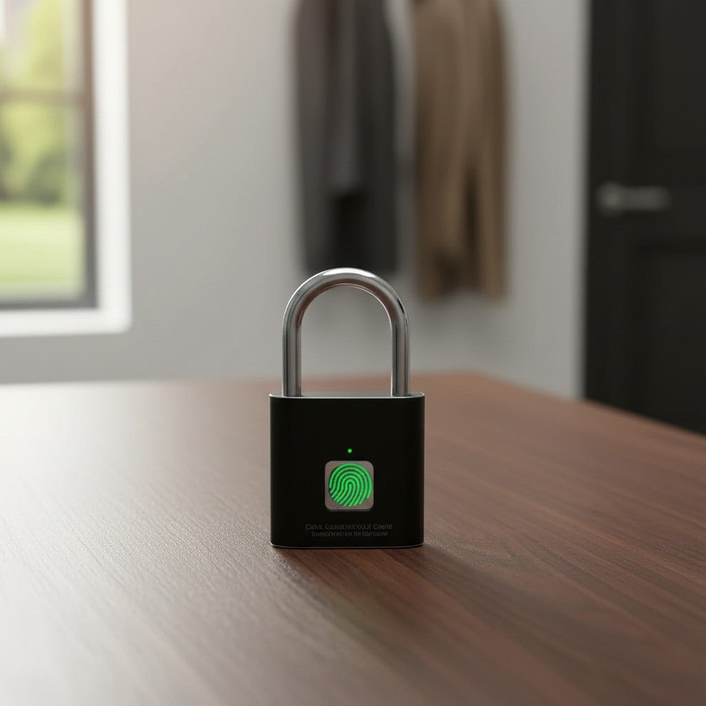 EVEREASE fingerprint padlock in black with a silver shackle sitting on a wooden table with a green scanner light