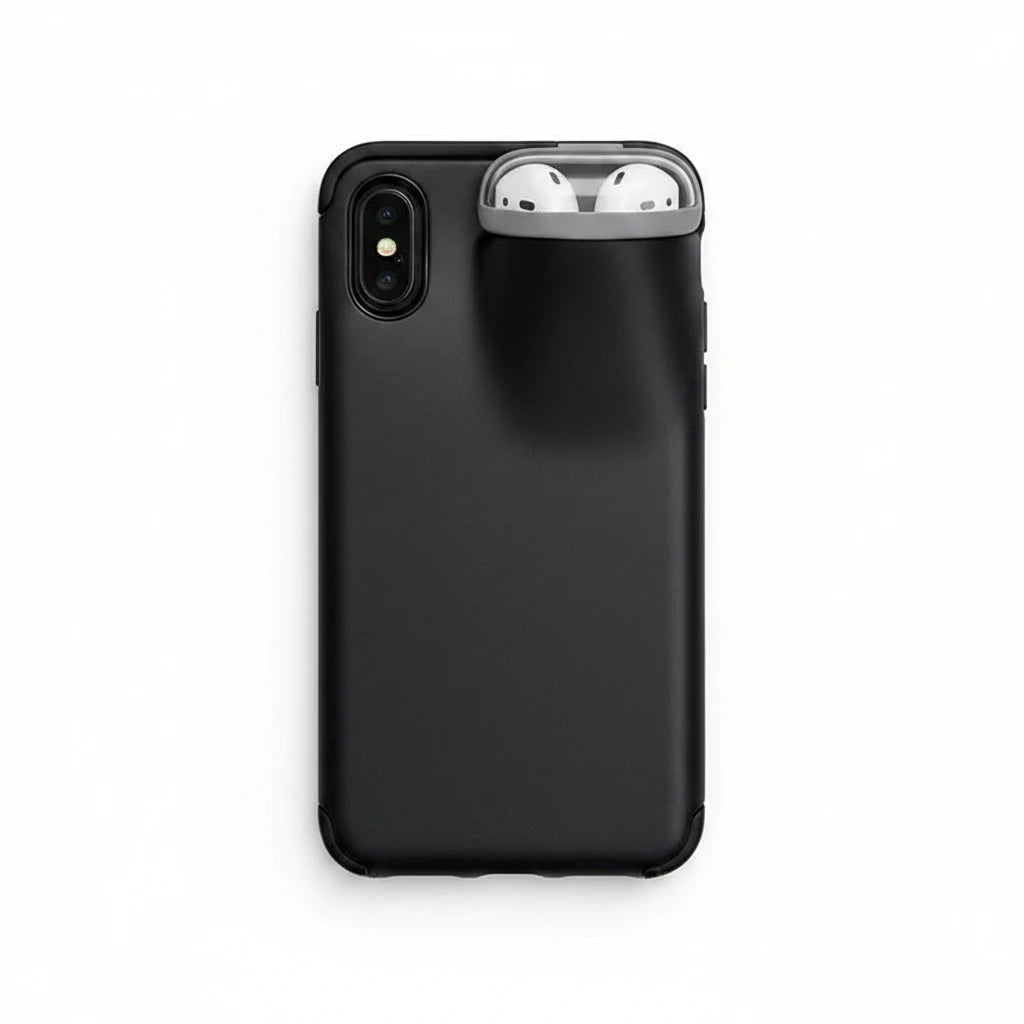 EVEREASE black shock-absorbing phone case with integrated AirPods holder on a white background