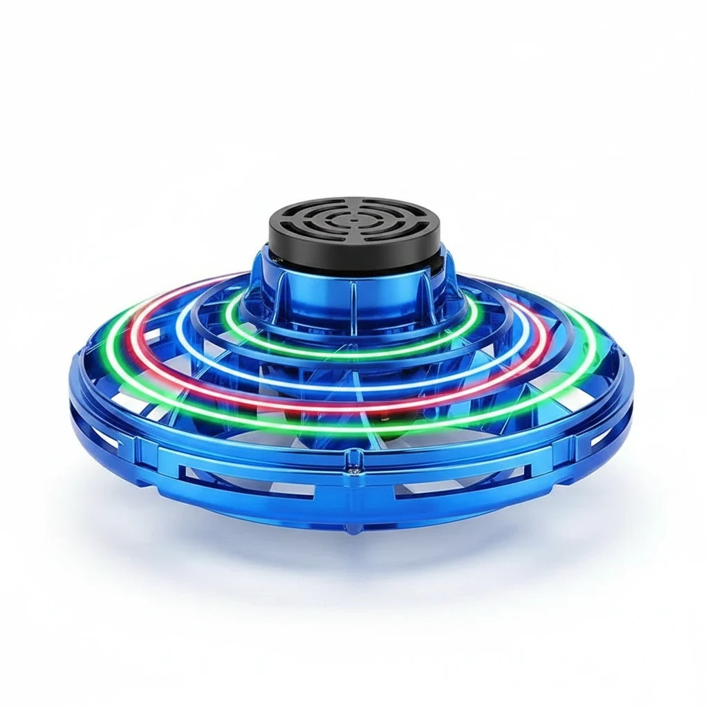 EVEREASE blue interactive flying spinner toy with glowing red and green LED lights for kids