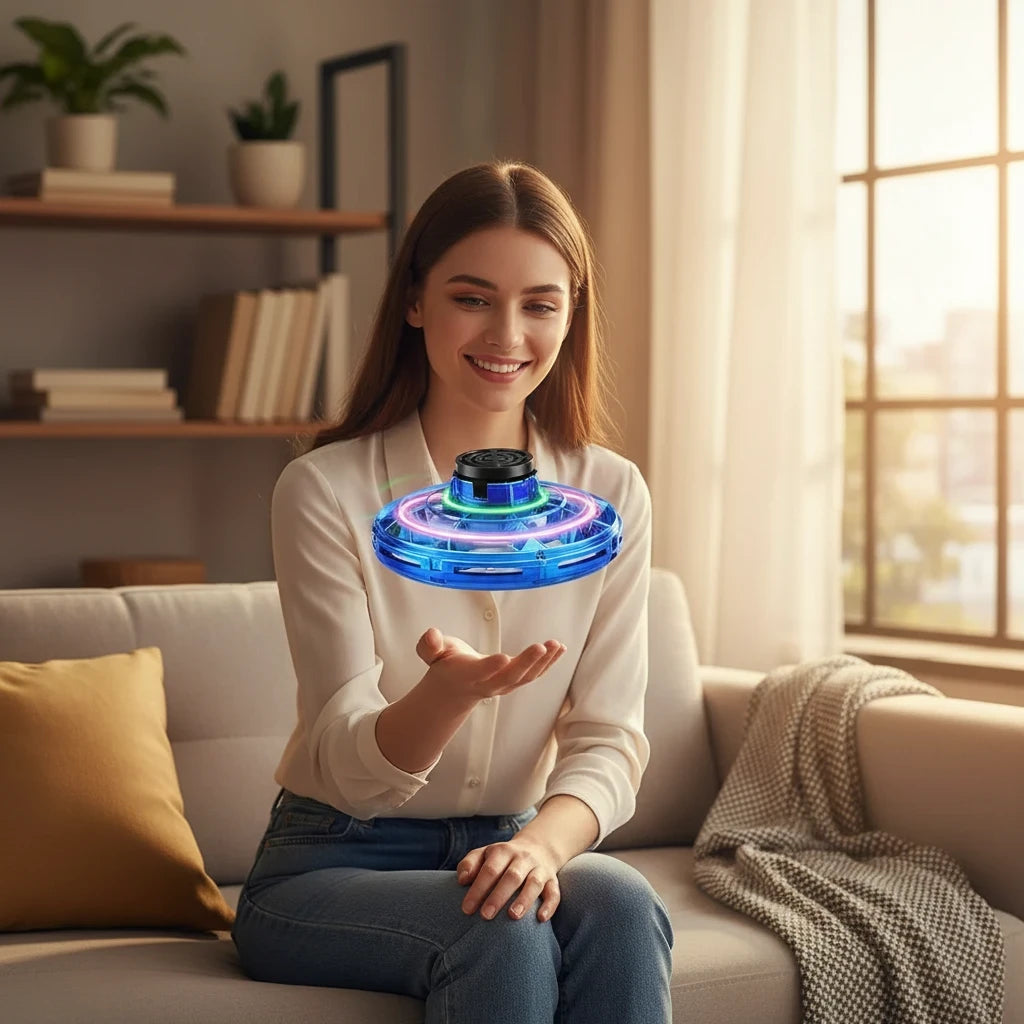 EVEREASE interactive blue flying spinner toy hovering above a smiling woman's hand in a bright living room