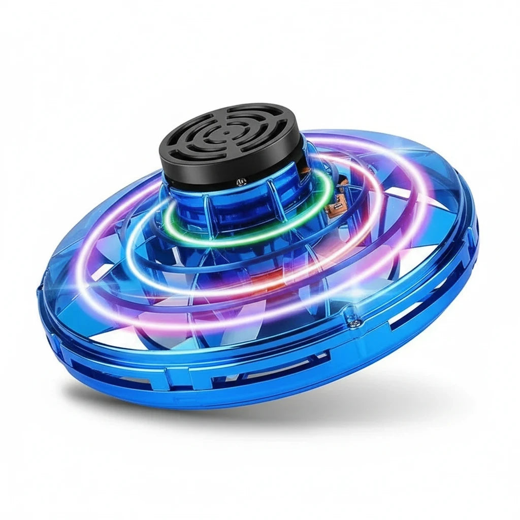 EVEREASE blue interactive flying spinner toy with glowing LED light rings for kids