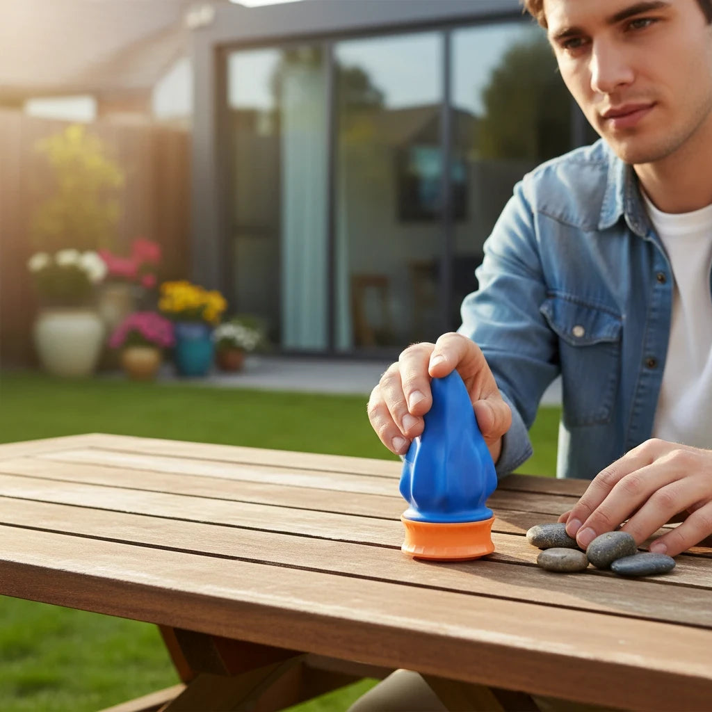 EVEREASE blue and orange cup slingshot on a wooden outdoor table with a man preparing to load a stone