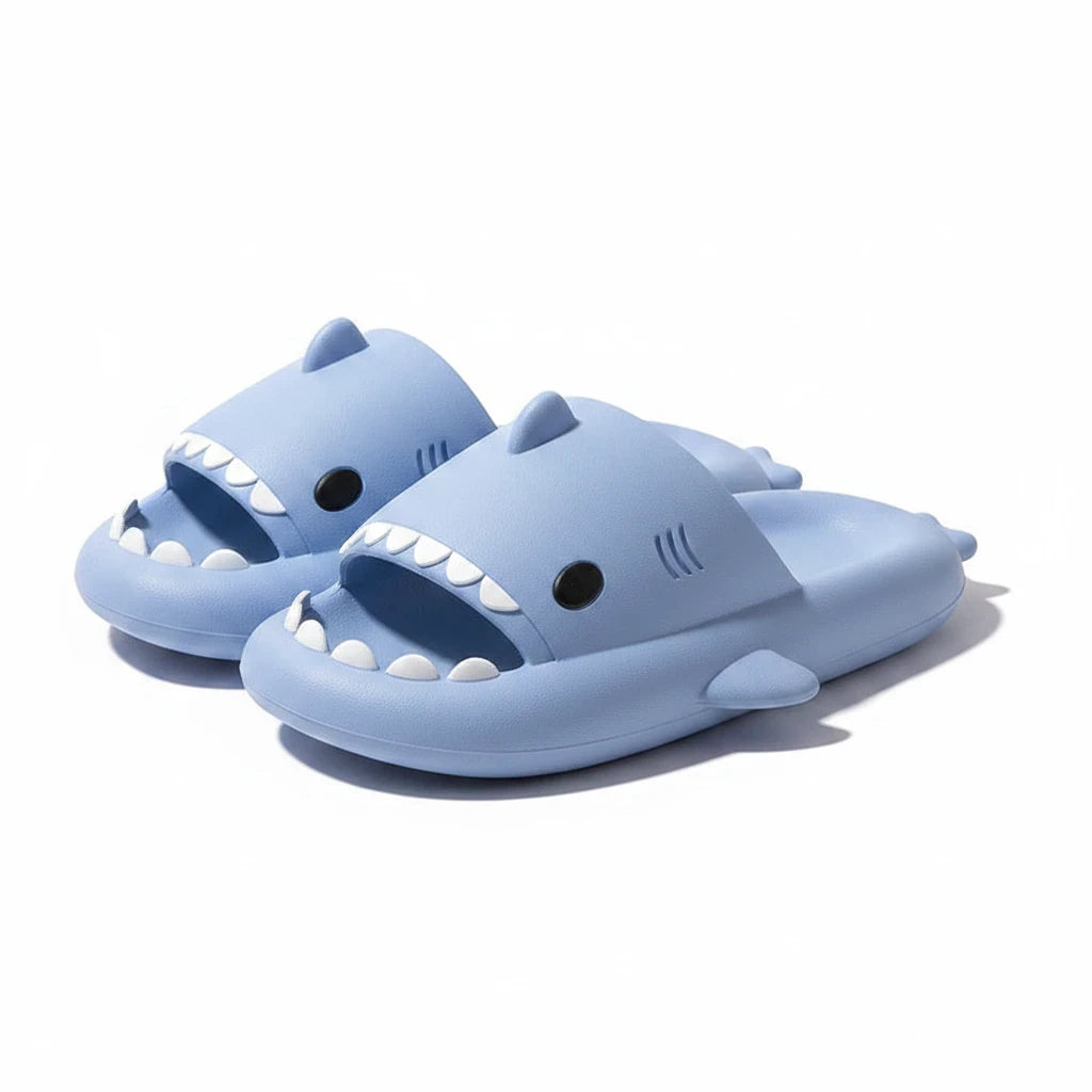 EVEREASE light blue shark-shaped open toe slide sandals with white teeth and fins for indoor and outdoor comfort.
