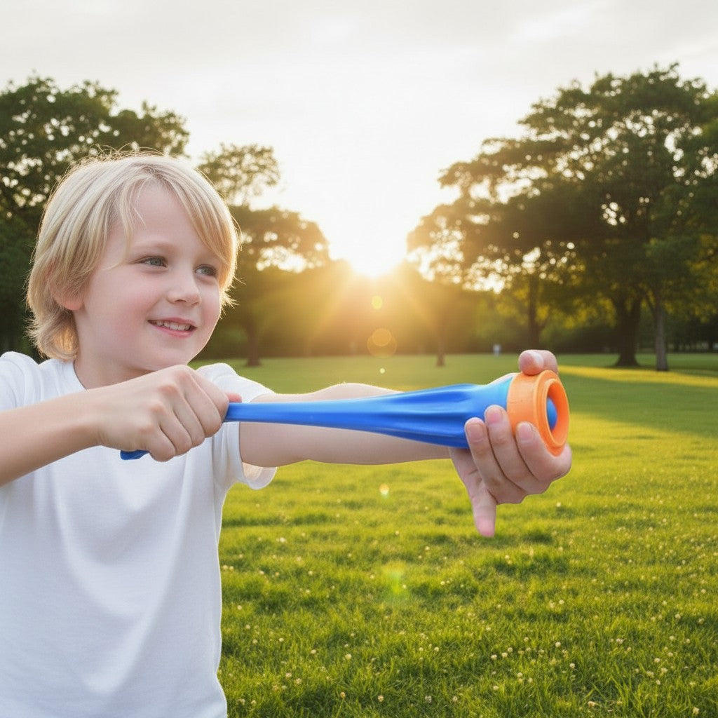 Young boy aiming a blue and orange EVEREASE slingshot cup in a sunny outdoor park setting.