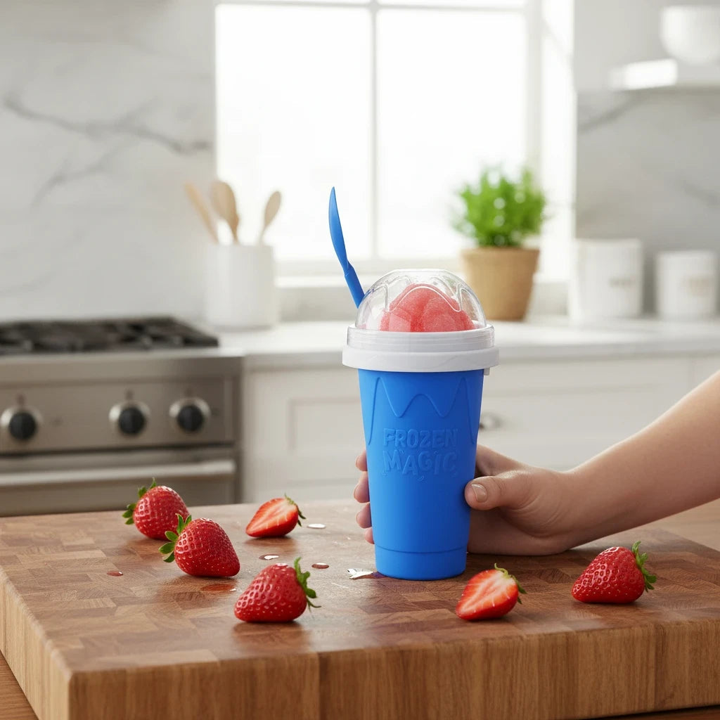 EVEREASE blue frozen slushy maker cup with a spoon on a wooden cutting board with fresh strawberries