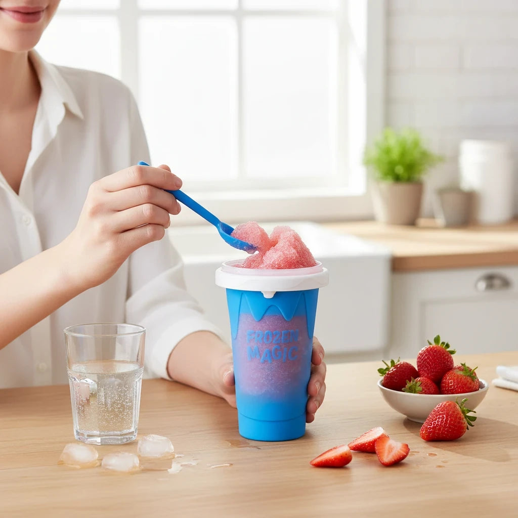 EVEREASE blue instant frozen slushy maker cup being used by a woman to scoop a fresh strawberry slushie