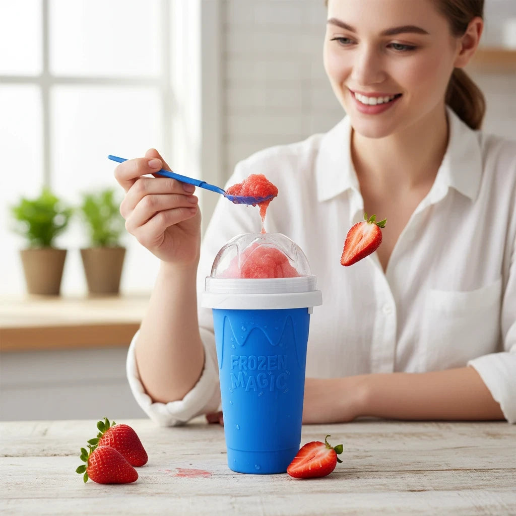 EVEREASE blue frozen slushy maker cup with a clear lid and spoon, being used to make a tasty instant slush