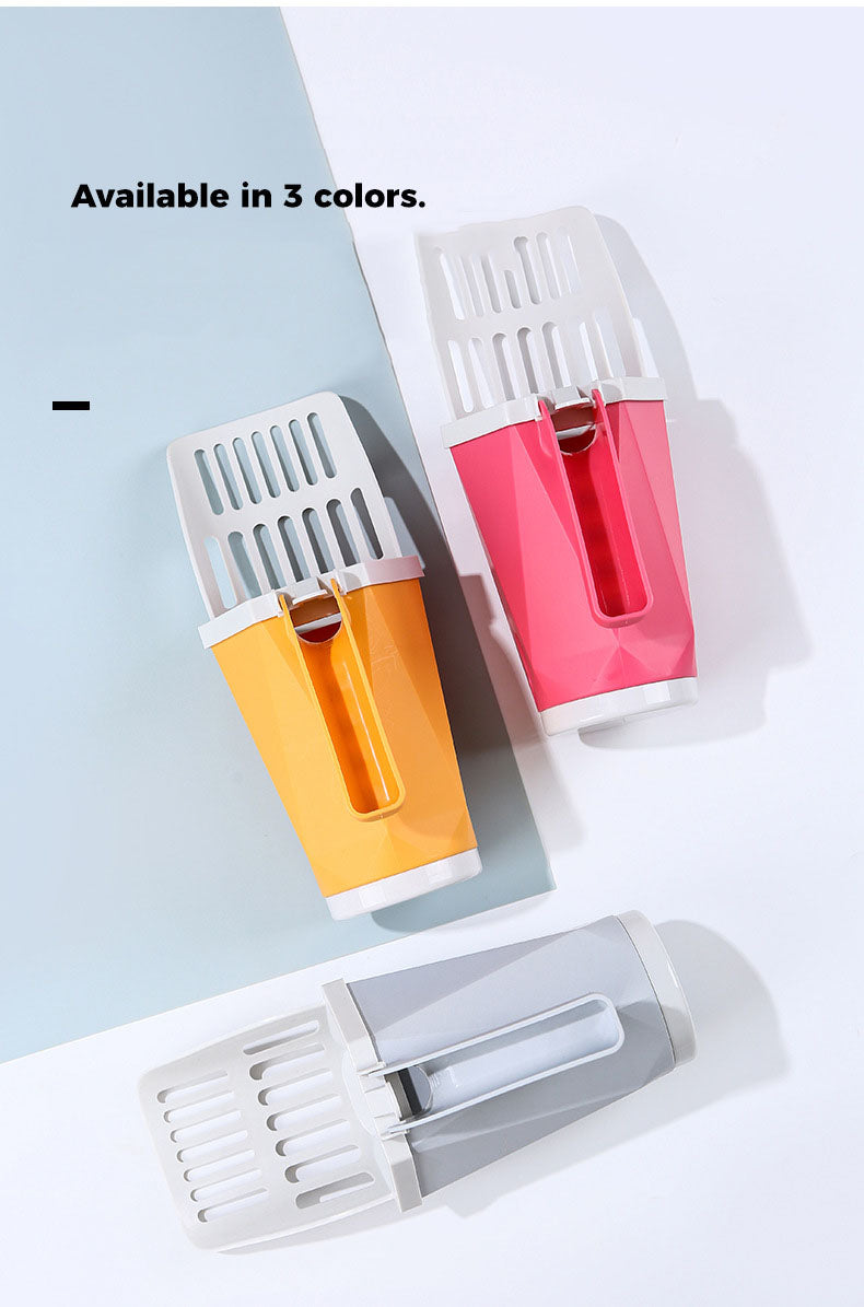 EVEREASE integrated cat litter scoops in orange, pink, and grey with built-in waste bag dispensers