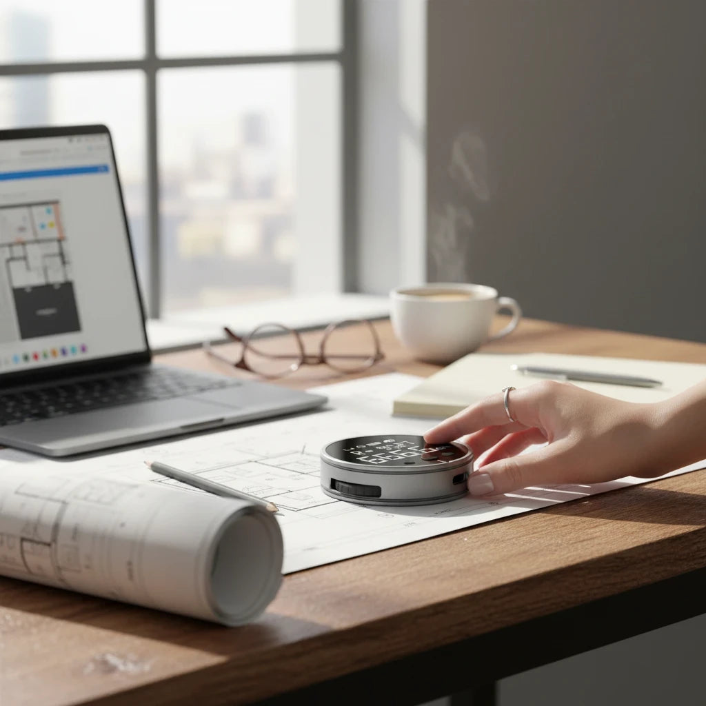 EVEREASE digital electronic rolling distance measuring tool on a desk with blueprints and a laptop