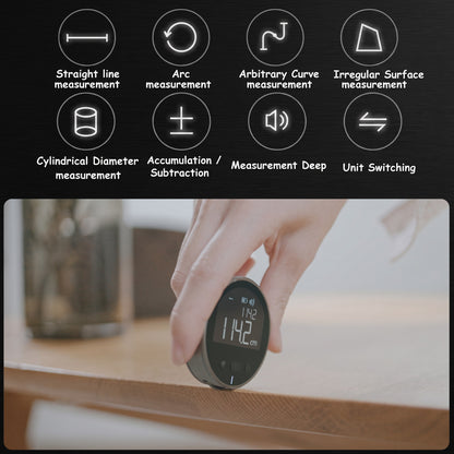 EVEREASE digital electronic rolling distance measuring tool showing measurement on a wooden surface with feature icons
