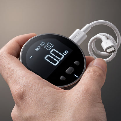 EVEREASE digital electronic rolling distance measurer with LCD screen and USB-C charging cable in hand