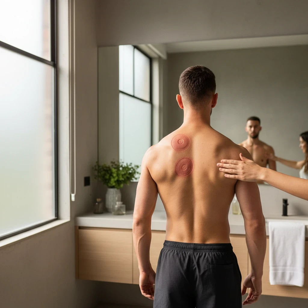 EVEREASE dynamic cupping device used on a man's back for muscle recovery and red light therapy in a home bathroom