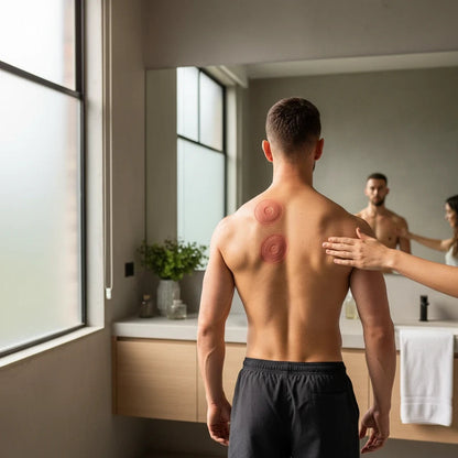 EVEREASE dynamic cupping device used on a man's back for muscle recovery and red light therapy in a home bathroom