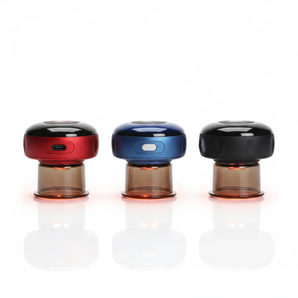 EVEREASE professional dynamic cupping therapy devices in red, blue, and black with heat and red light features.