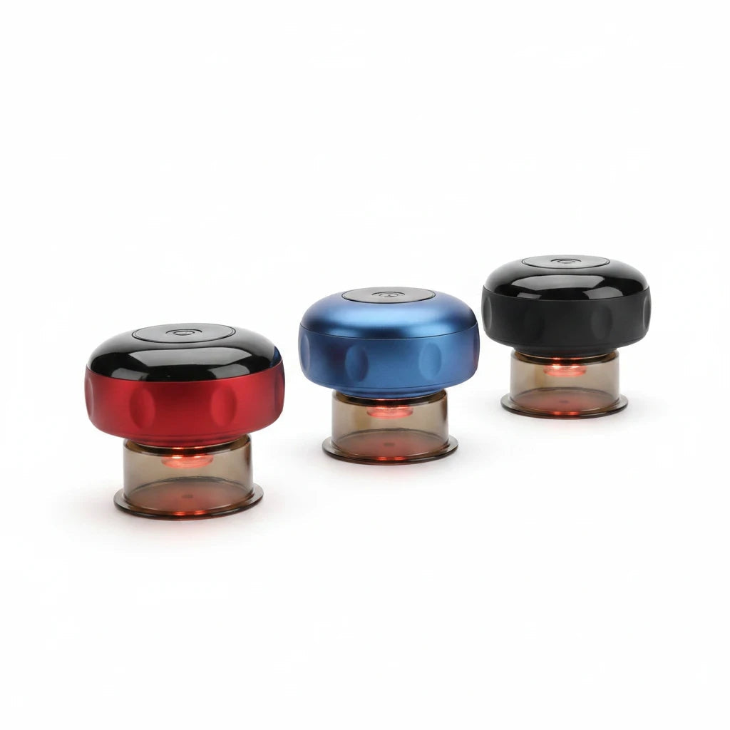 EVEREASE dynamic cupping therapy devices in red, blue, and black with red light heat therapy and LCD display.