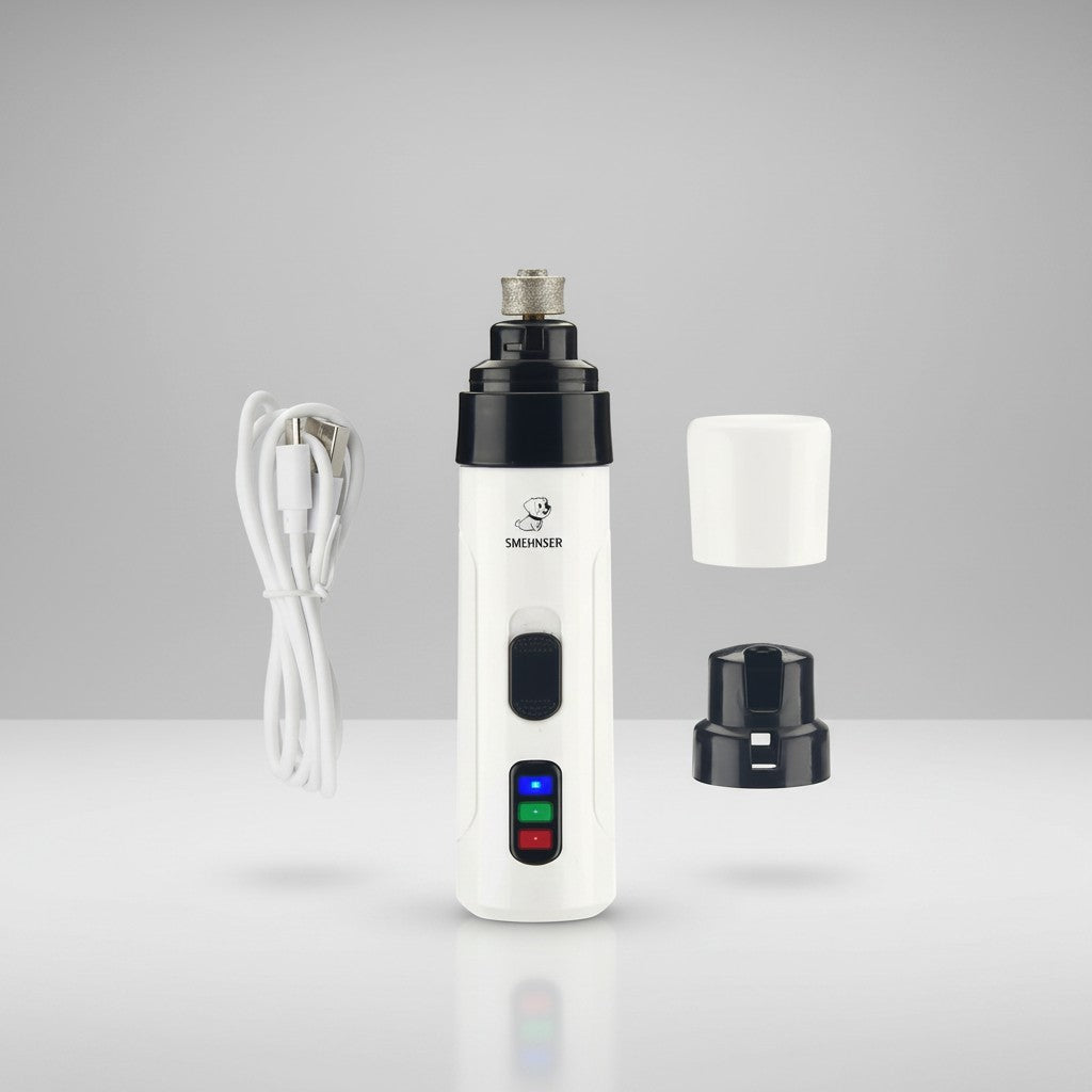 EVEREASE electric pet nail grinder with white body, detachable heads, and USB charging cable for painless grooming.