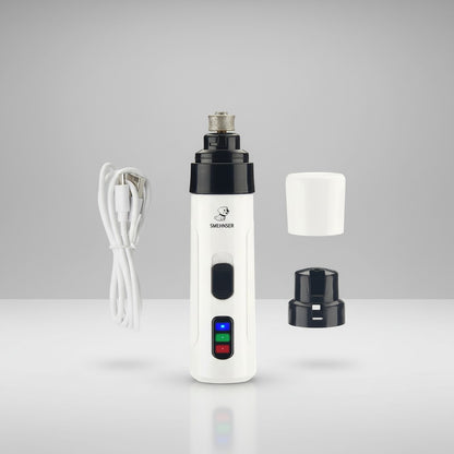 EVEREASE electric pet nail grinder with white body, detachable heads, and USB charging cable for painless grooming.