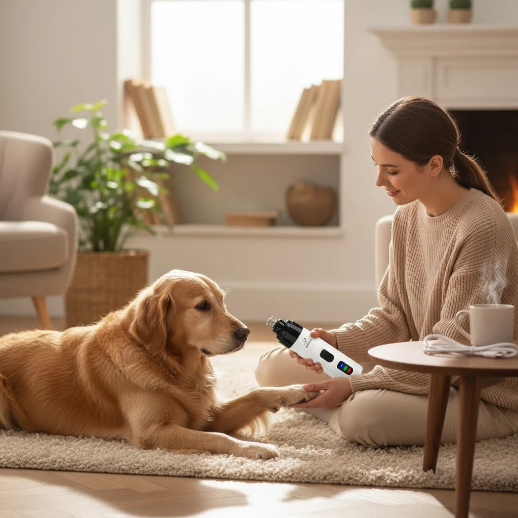 EVEREASE electric pet nail grinder being used by a woman to gently trim the nails of a calm golden retriever at home