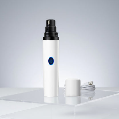 EVEREASE electric pet nail grinder in white with a black head, power button, protective cap, and USB charging cable.