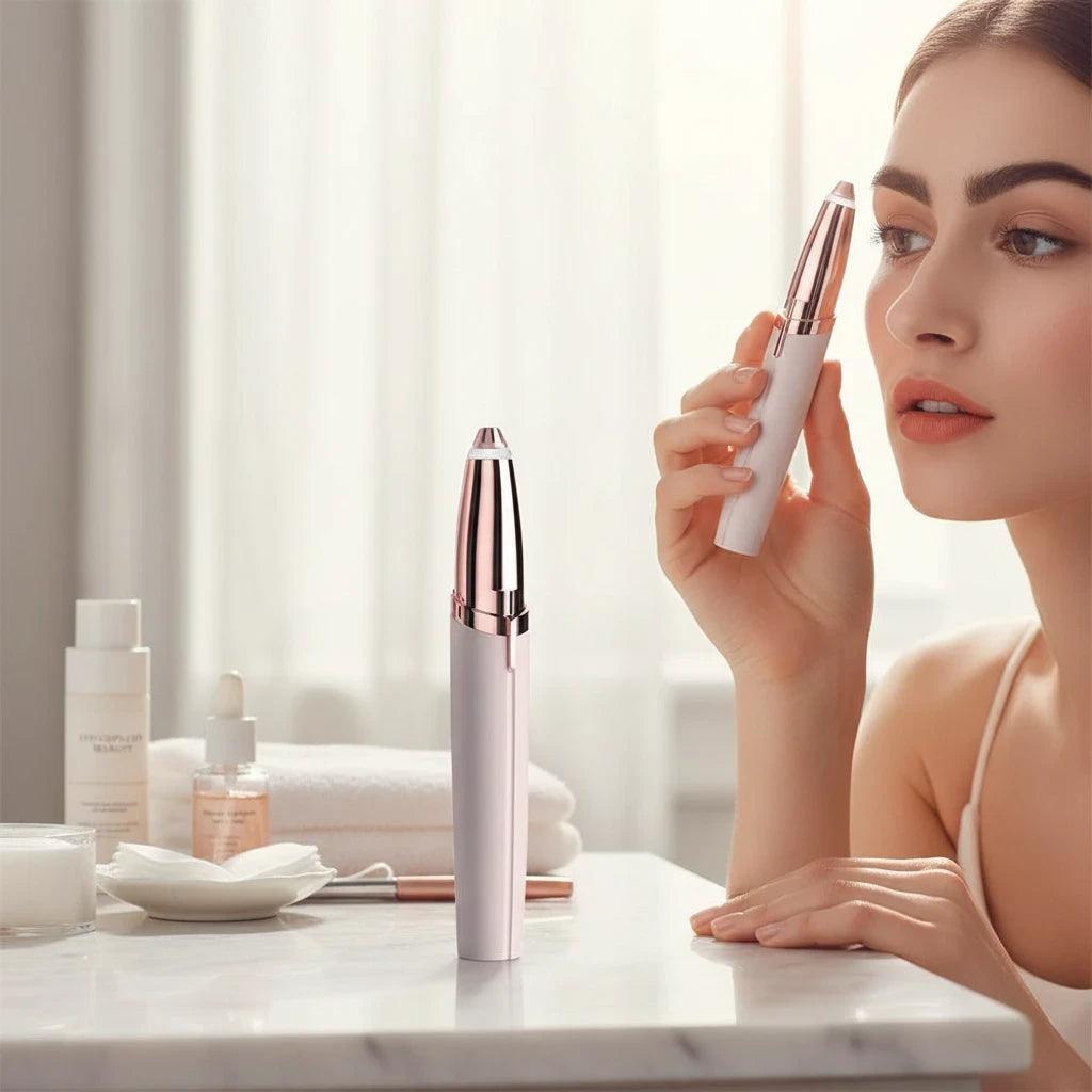 EVEREASE precision facial hair remover in white and rose gold, held by a woman in a bright, clean bathroom setting.