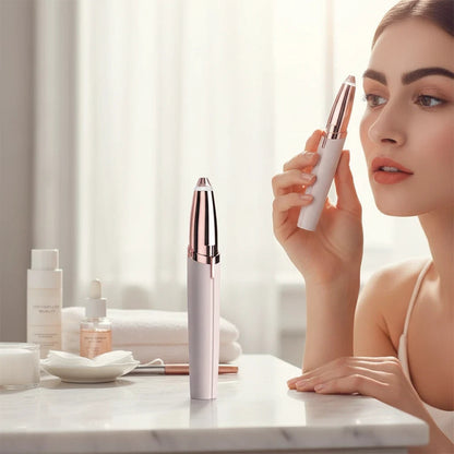 EVEREASE precision facial hair remover in white and rose gold, held by a woman in a bright, clean bathroom setting.