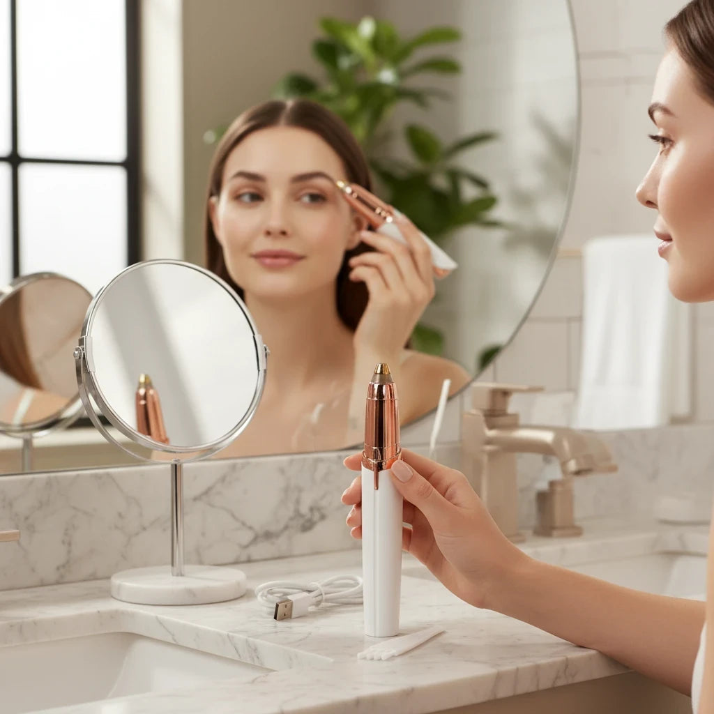 EVEREASE precision facial hair remover in white and rose gold held by a woman in a bright bathroom mirror reflection