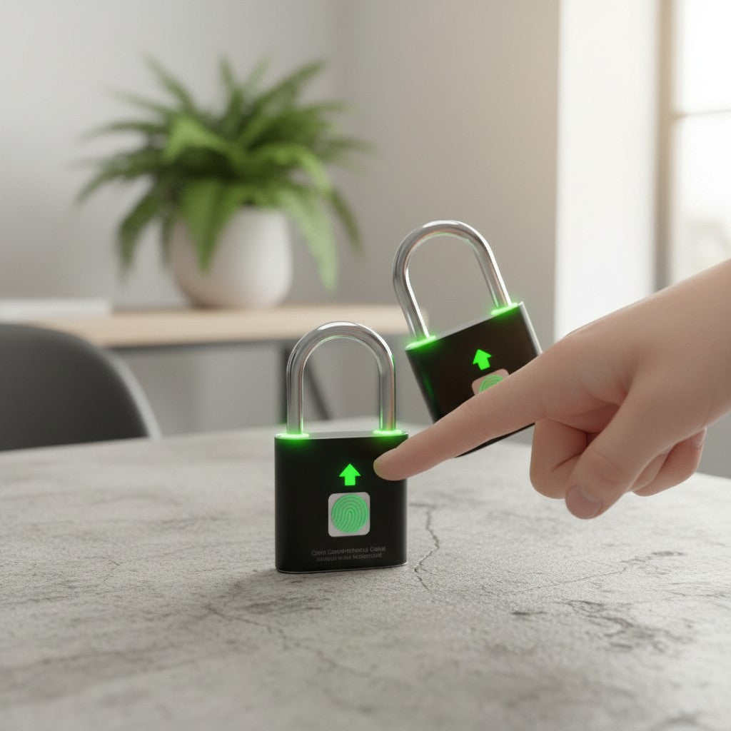 EVEREASE fingerprint padlock being unlocked by a finger touch on a grey stone table with green indicator lights