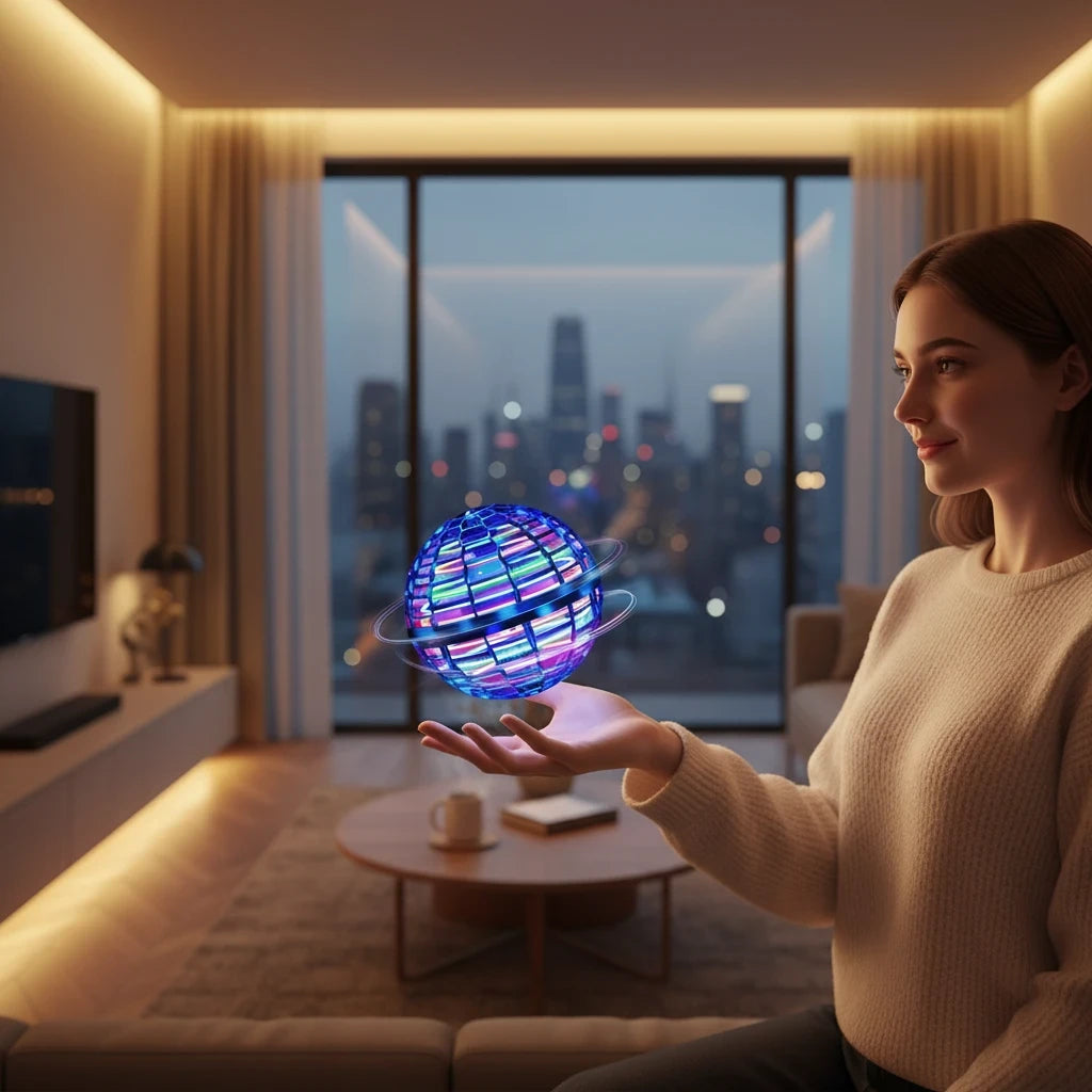 EVEREASE interactive flying spinner toy with glowing blue and purple LED lights hovering above a woman's hand