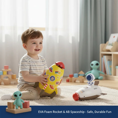 EVEREASE interactive EVA foam rocket and spaceship toy set for children playing on a carpeted floor