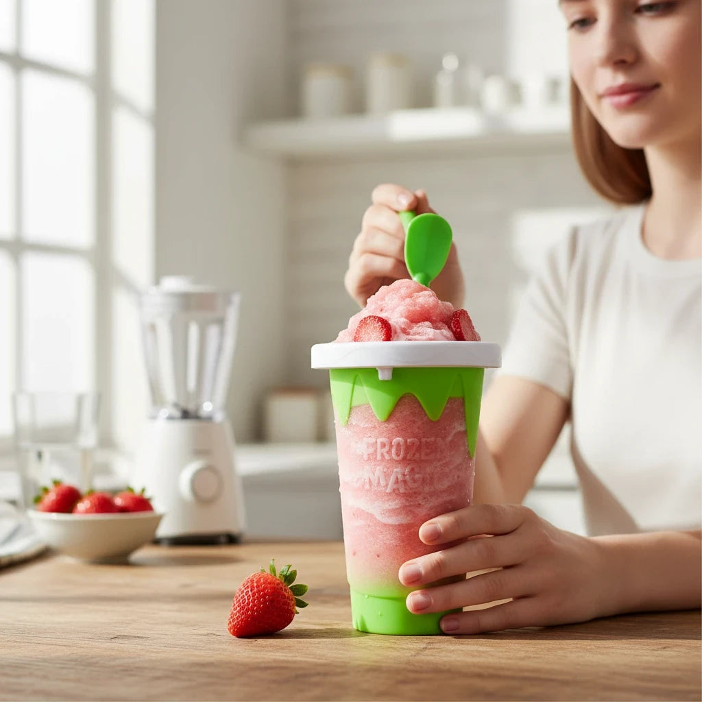 EVEREASE instant frozen slushy maker cup with strawberry slush in a bright green and white design held by a woman