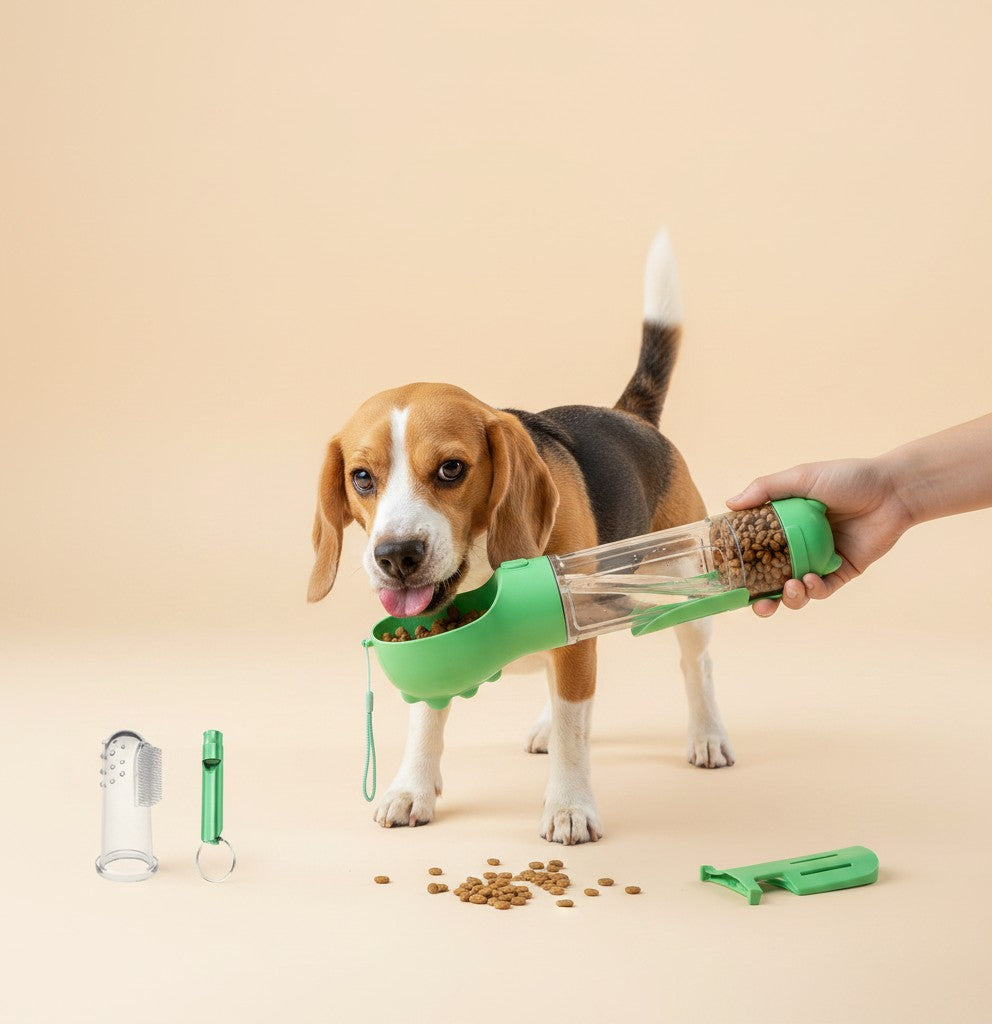 EVEREASE multifunctional green portable pet water bottle and food feeder being used by a beagle dog