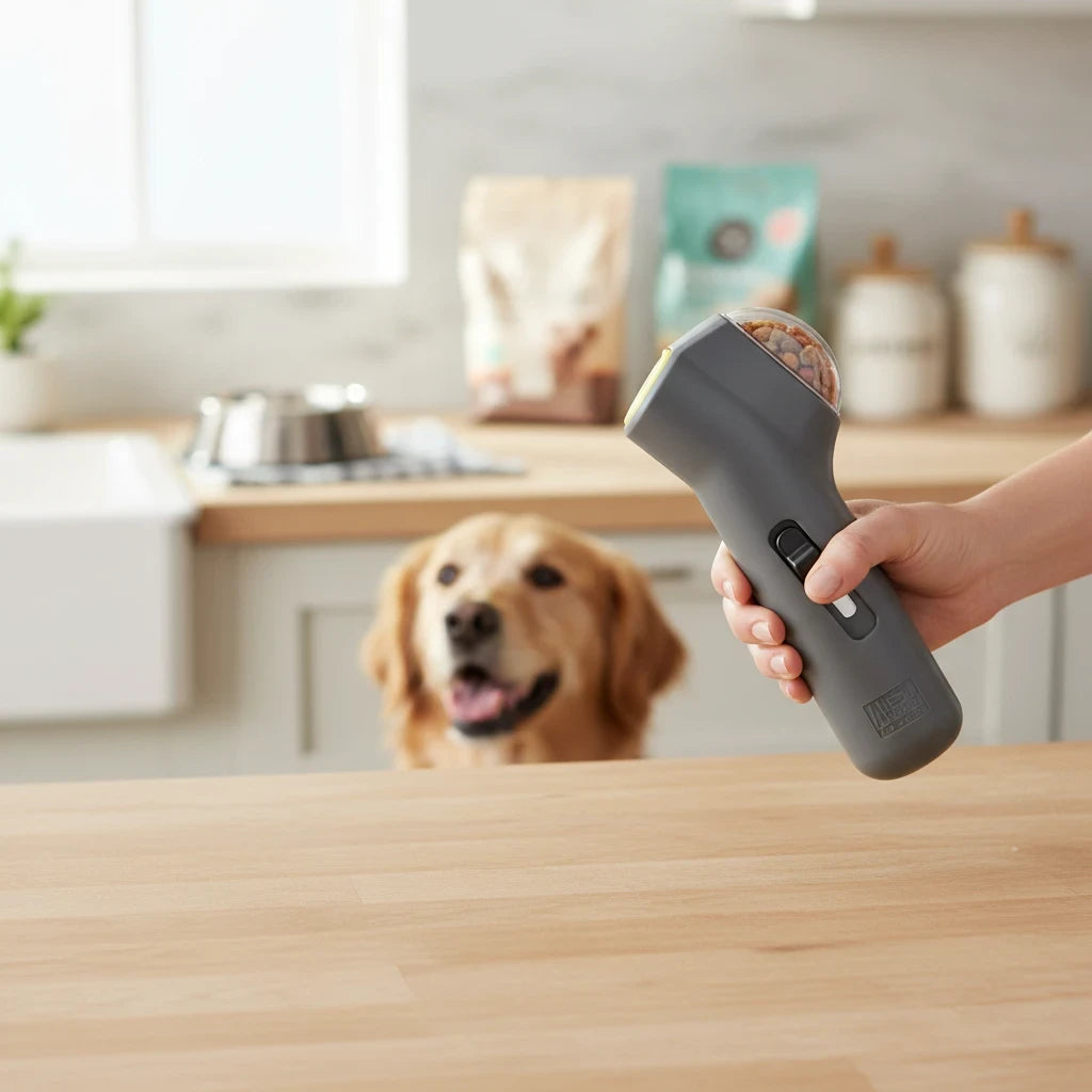 EVEREASE Animal Planet grey handheld pet treat launcher held by a person with a dog waiting in the background
