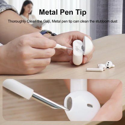EVEREASE HAGiBiS earbuds cleaning pen with a metal tip removing dust from white wireless earphone charging case