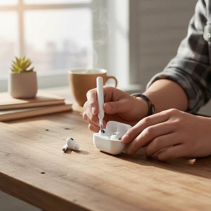 EVEREASE HAGiBiS white cleaning pen tool being used to clean white wireless earbuds in a bright home office setting.