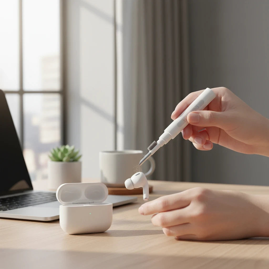 EVEREASE HAGiBiS white earbuds cleaning pen tool being used to clean a wireless earbud on a desk