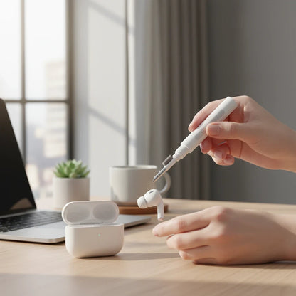 EVEREASE HAGiBiS white earbuds cleaning pen tool being used to clean a wireless earbud on a desk