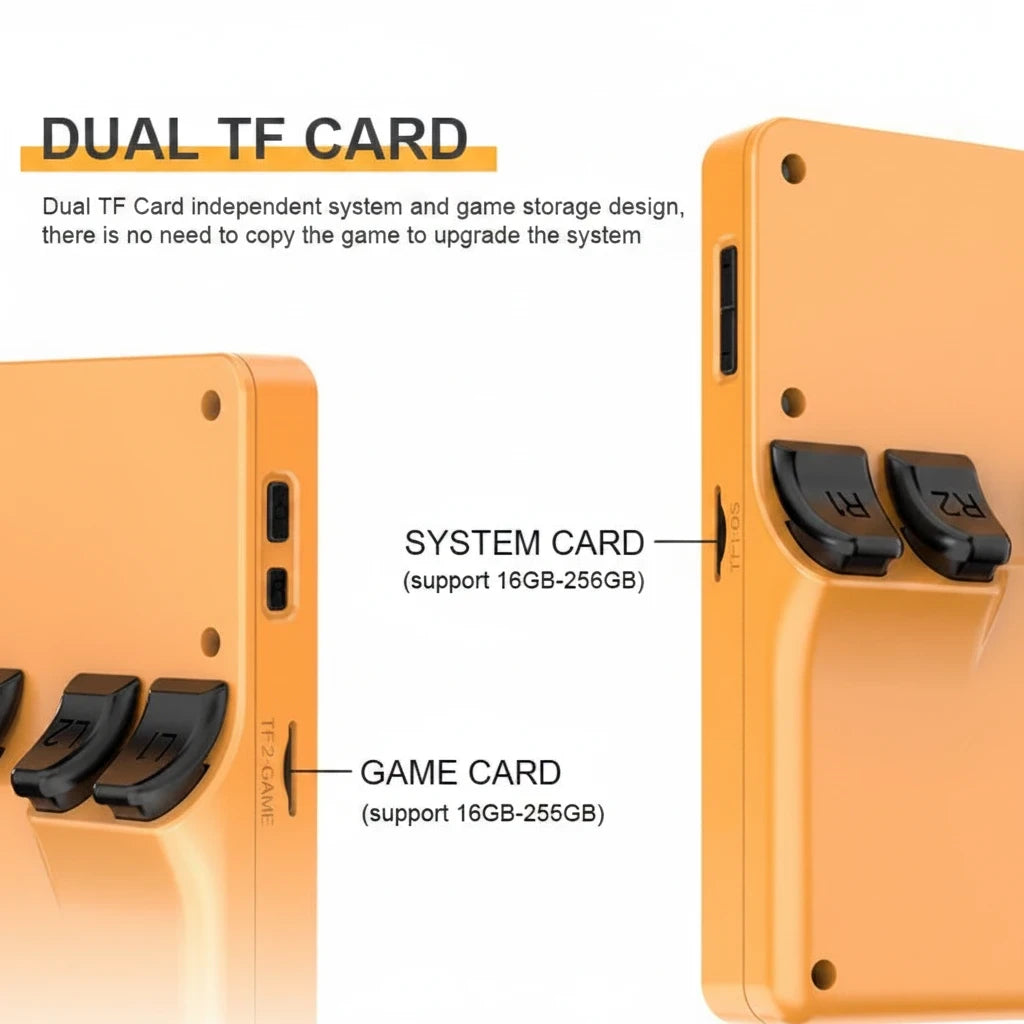 EVEREASE portable handheld video game console showing dual TF card slots for system and game storage